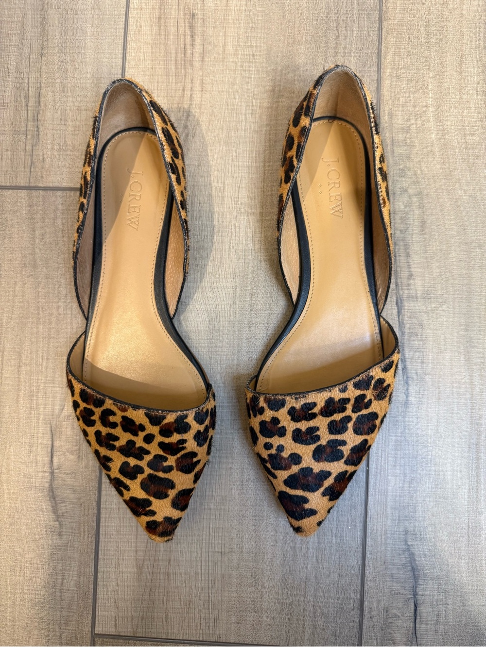 J. Crew Zoe Leopard-Print Pointed D’Orsay Flats in Tan and Black